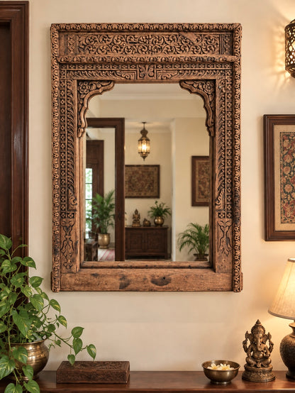 Old Indian Hand-Carved Mirror Frame