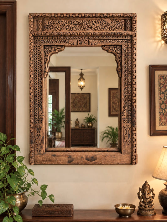 Old Indian Hand-Carved Mirror Frame
