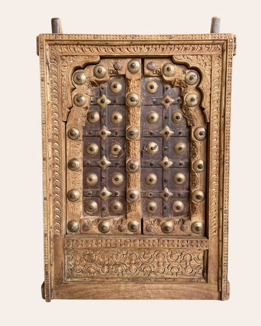 Vintage Shekhawati Haveli Hand-Carved Wooden Window - Natural Finish