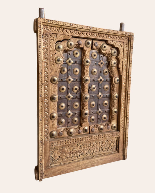 Vintage Shekhawati Haveli Hand-Carved Wooden Window - Natural Finish