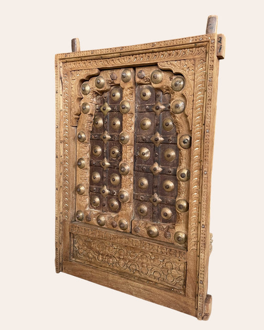 Vintage Shekhawati Haveli Hand-Carved Wooden Window - Natural Finish