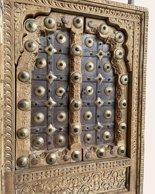 Vintage Shekhawati Haveli Hand-Carved Wooden Window - Natural Finish