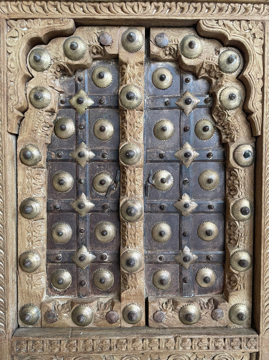 Vintage Shekhawati Haveli Hand-Carved Wooden Window - Natural Finish