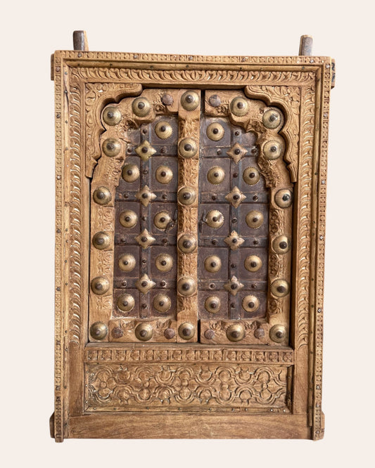 Vintage Shekhawati Haveli Hand-Carved Wooden Window - Natural Finish