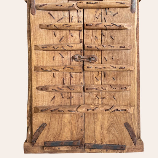 Vintage Shekhawati Haveli Hand-Carved Wooden Window - Natural Finish