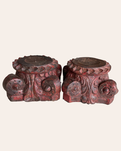 Red Hand-Carved Wooden Pillar Base Plant, Candle, Diya, Statue Holders – Set of 2