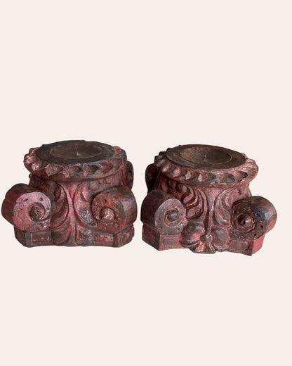 Red Hand-Carved Wooden Pillar Base Plant, Candle, Diya, Statue Holders – Set of 2