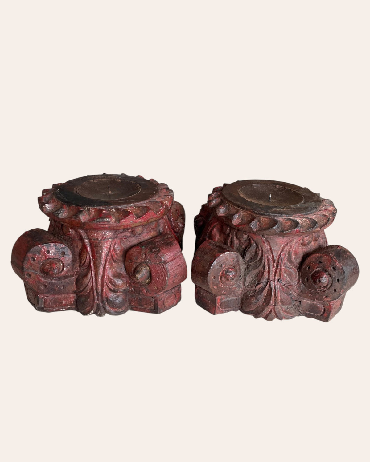 red hand-carved wooden pillar base plant, candle, diya, statue holders – set of 2