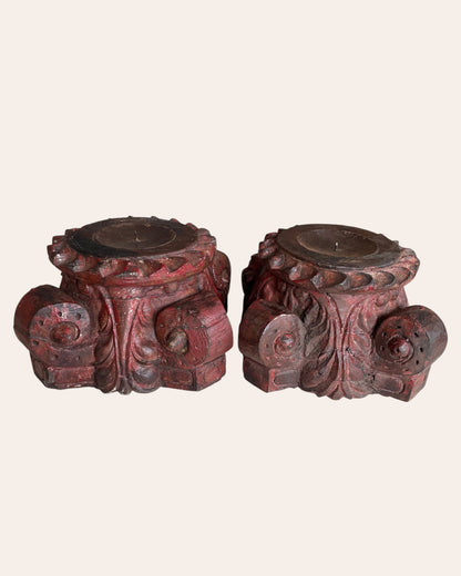 Red Hand-Carved Wooden Pillar Base Plant, Candle, Diya, Statue Holders – Set of 2