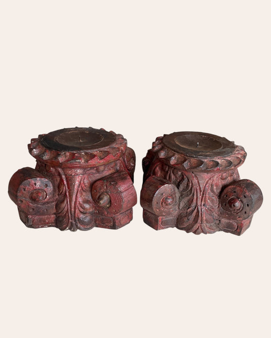 Red Hand-Carved Wooden Pillar Base Plant, Candle, Diya, Statue Holders – Set of 2