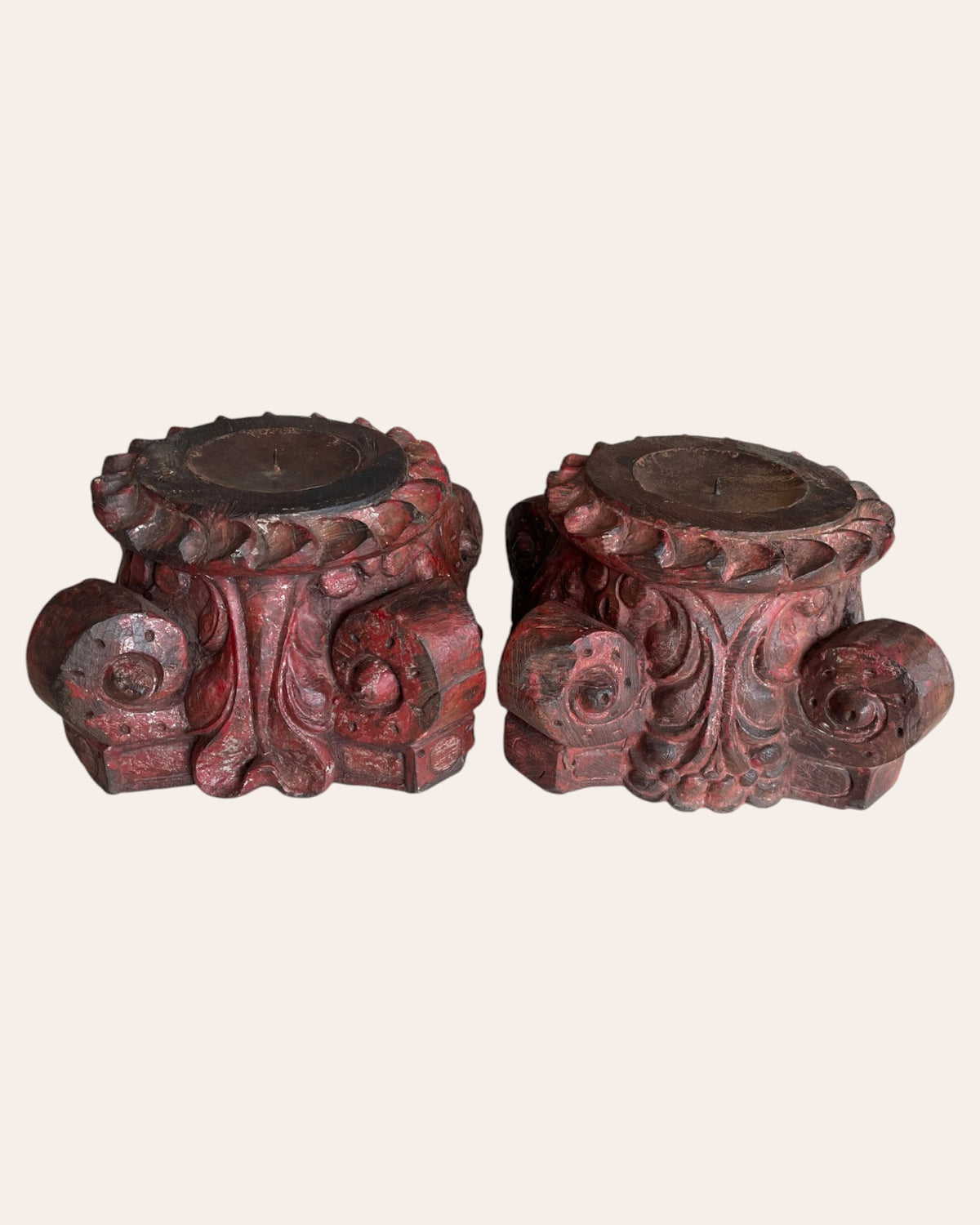 red hand-carved wooden pillar base plant, candle, diya, statue holders – set of 2