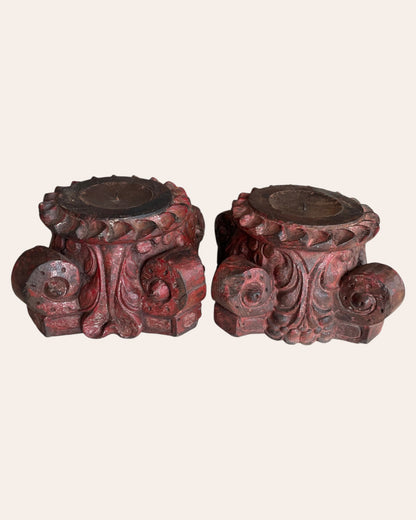 Red Hand-Carved Wooden Pillar Base Plant, Candle, Diya, Statue Holders – Set of 2