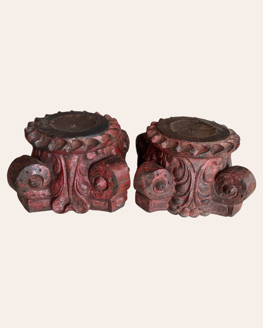 Red Hand-Carved Wooden Pillar Base Plant, Candle, Diya, Statue Holders – Set of 2