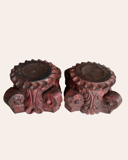 Red Hand-Carved Wooden Pillar Base Plant, Candle, Diya, Statue Holders – Set of 2
