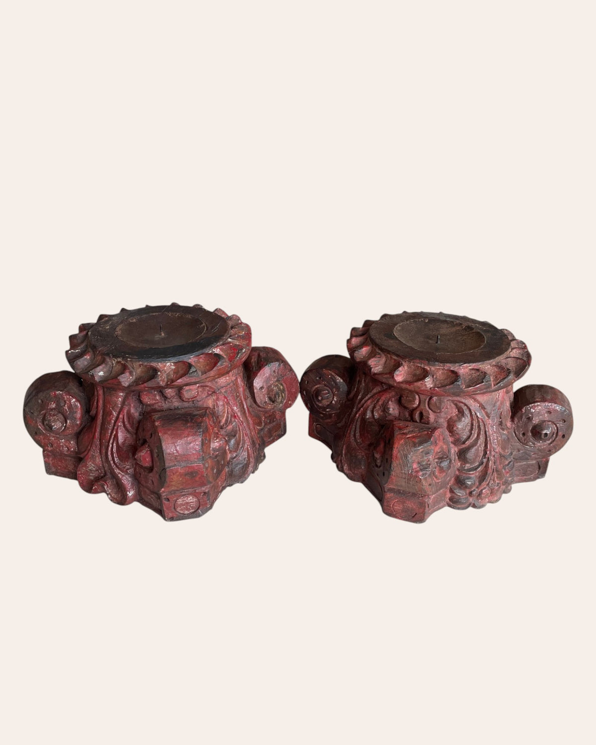 red hand-carved wooden pillar base plant, candle, diya, statue holders – set of 2