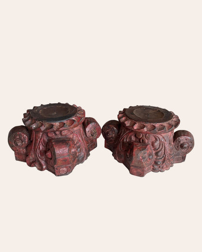 Red Hand-Carved Wooden Pillar Base Plant, Candle, Diya, Statue Holders – Set of 2