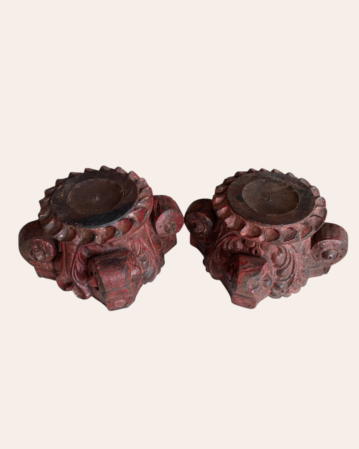 red hand-carved wooden pillar base plant, candle, diya, statue holders – set of 2