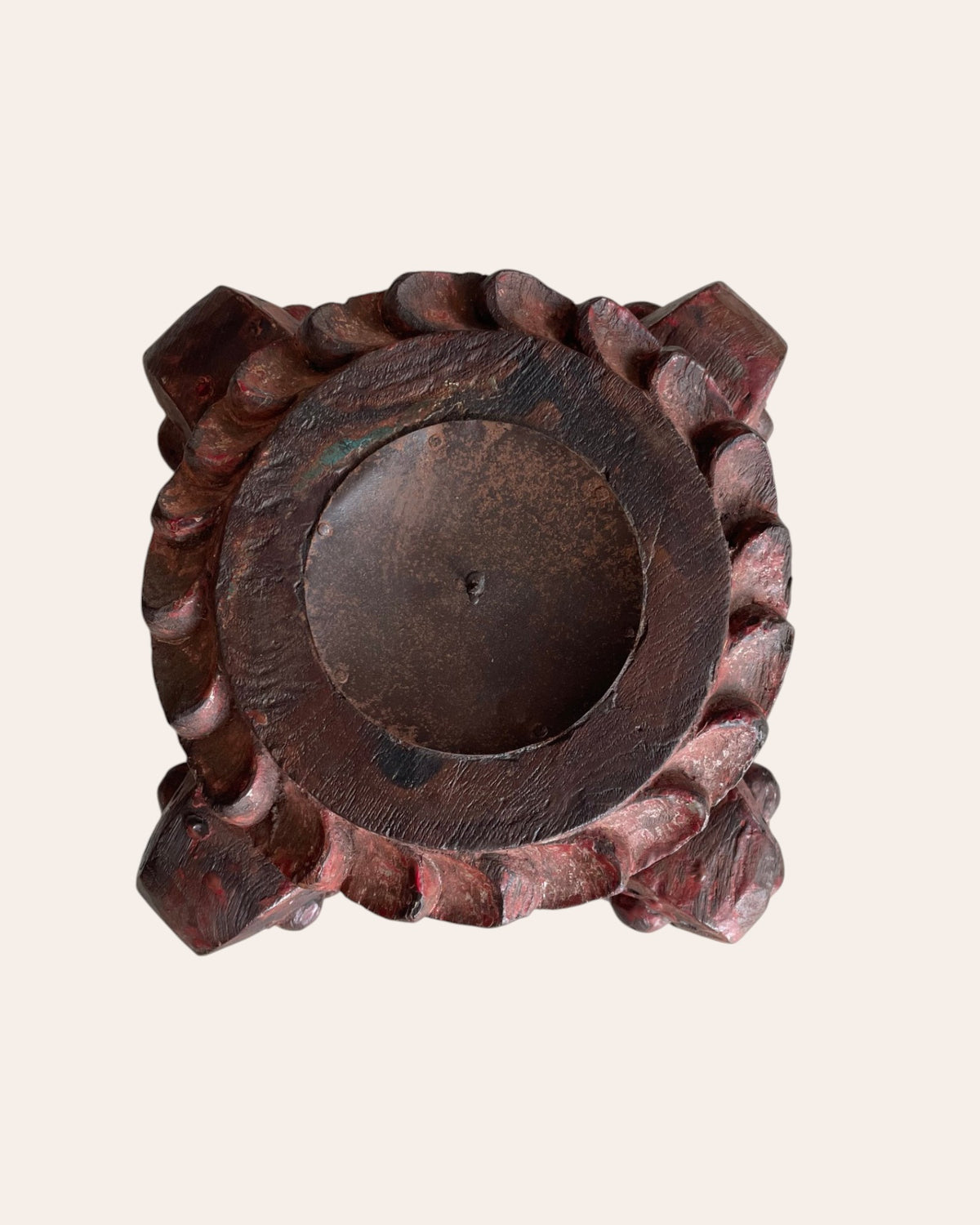 red hand-carved wooden pillar base plant, candle, diya, statue holders – set of 2