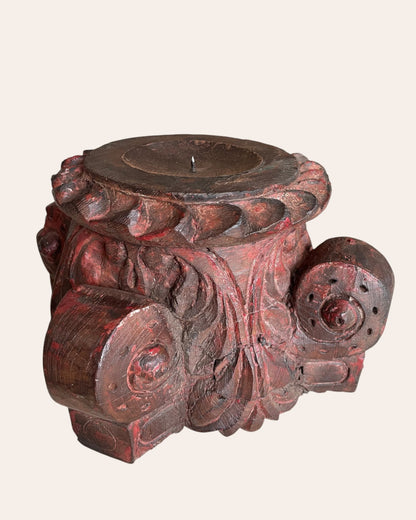 Red Hand-Carved Wooden Pillar Base Plant, Candle, Diya, Statue Holders – Set of 2