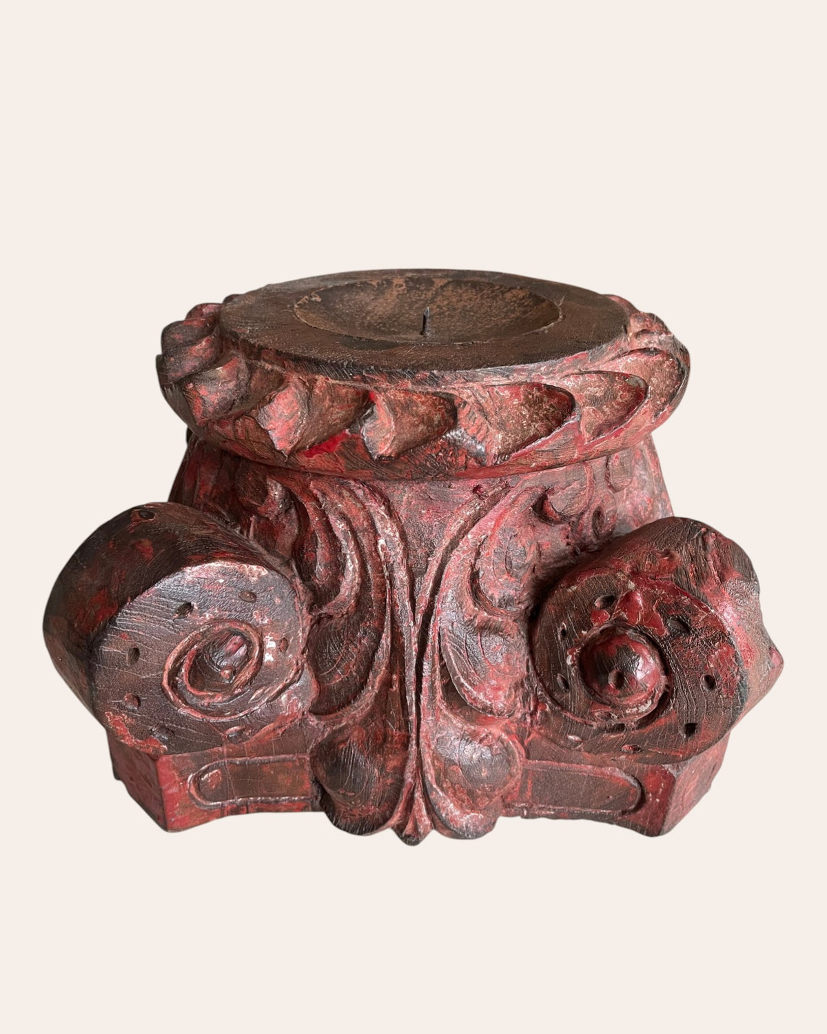 red hand-carved wooden pillar base plant, candle, diya, statue holders – set of 2