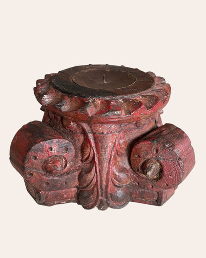 Red Hand-Carved Wooden Pillar Base Plant, Candle, Diya, Statue Holders – Set of 2