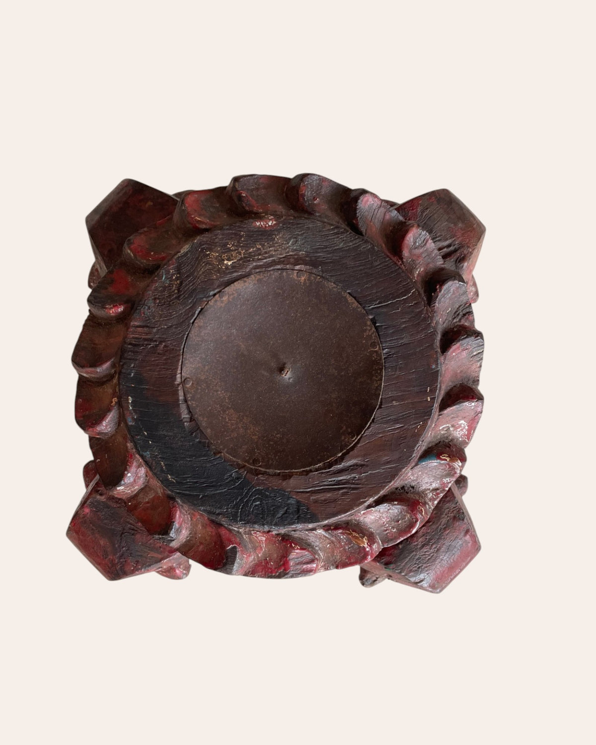 red hand-carved wooden pillar base plant, candle, diya, statue holders – set of 2