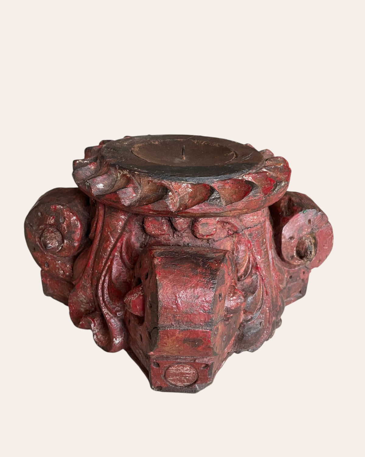 red hand-carved wooden pillar base plant, candle, diya, statue holders – set of 2