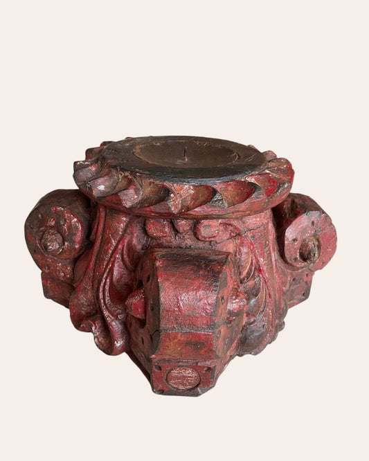 Red Hand-Carved Wooden Pillar Base Plant, Candle, Diya, Statue Holders – Set of 2