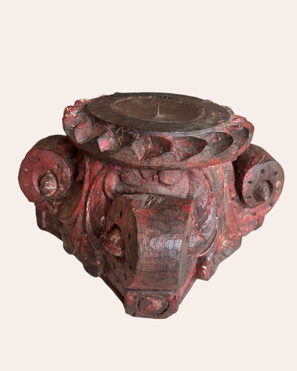Red Hand-Carved Wooden Pillar Base Plant, Candle, Diya, Statue Holders – Set of 2