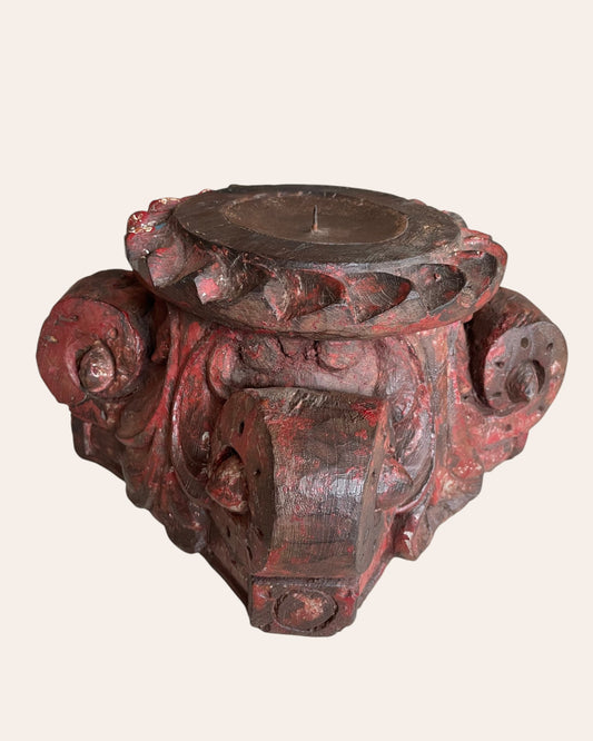 Red Hand-Carved Wooden Pillar Base Plant, Candle, Diya, Statue Holders – Set of 2