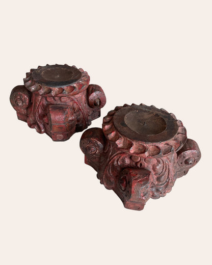 Red Hand-Carved Wooden Pillar Base Plant, Candle, Diya, Statue Holders – Set of 2
