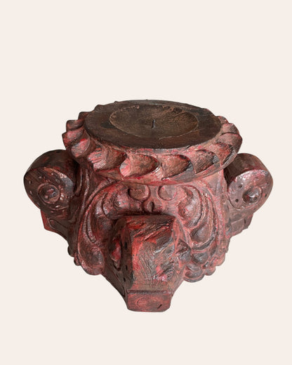 Red Hand-Carved Wooden Pillar Base Plant, Candle, Diya, Statue Holders – Set of 2