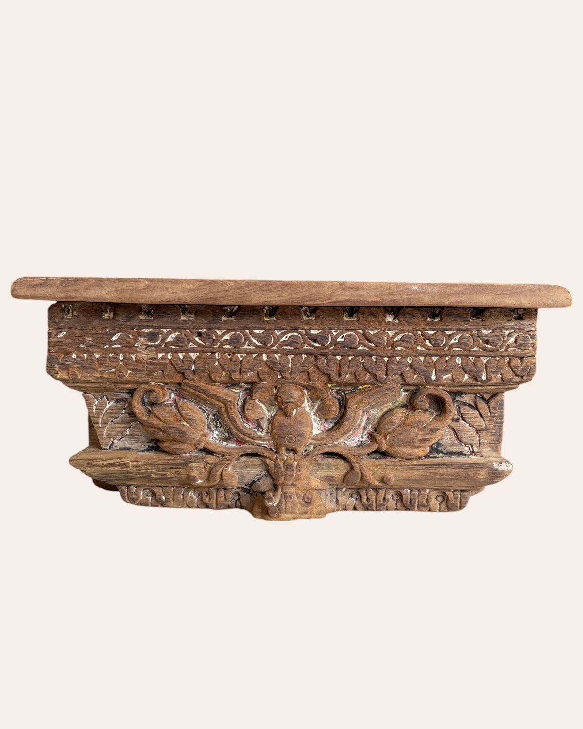 antique hand-carved floral bird motif wooden corbel shelf