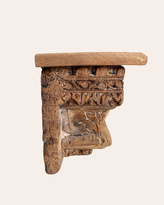 Antique Hand-Carved Floral Bird Motif Wooden Corbel Shelf