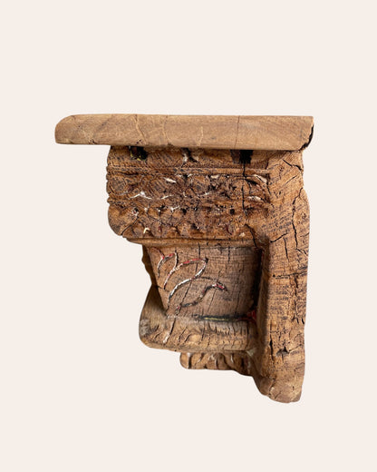 Antique Hand-Carved Floral Bird Motif Wooden Corbel Shelf