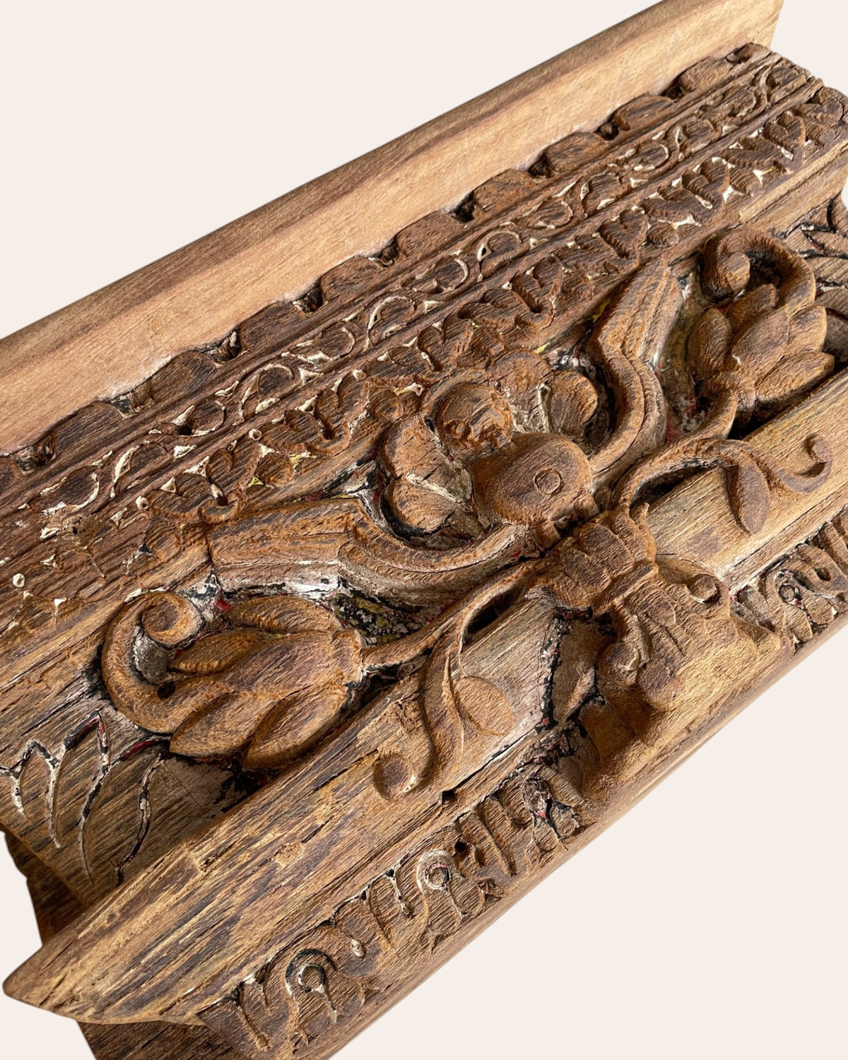 antique hand-carved floral bird motif wooden corbel shelf