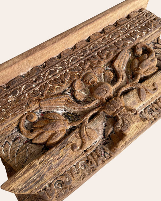 Antique Hand-Carved Floral Bird Motif Wooden Corbel Shelf