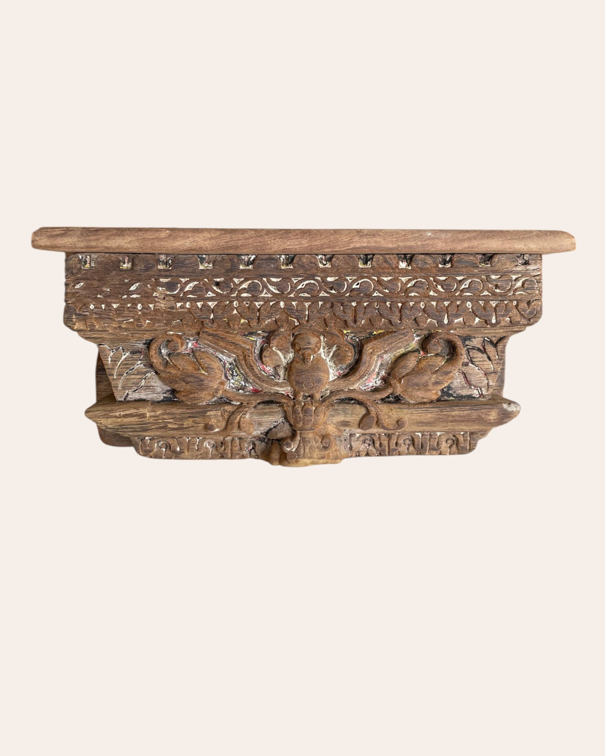 antique hand-carved floral bird motif wooden corbel shelf