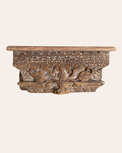 Antique Hand-Carved Floral Bird Motif Wooden Corbel Shelf