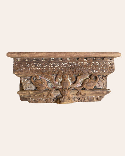 Antique Hand-Carved Floral Bird Motif Wooden Corbel Shelf