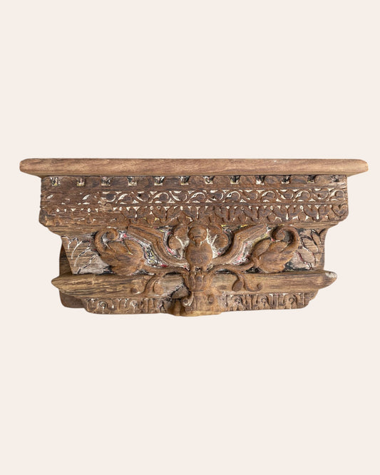 Antique Hand-Carved Floral Bird Motif Wooden Corbel Shelf