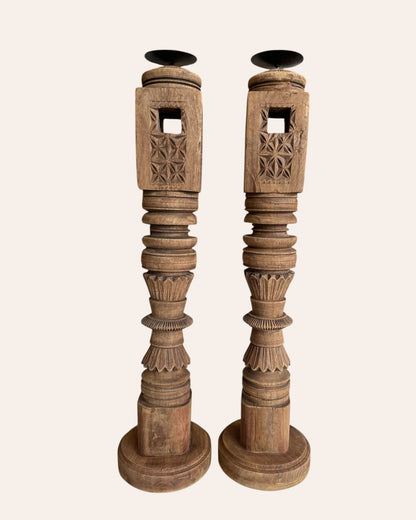 Vintage Carved Charpai Leg Candle Stand / Statue Holder / Planter – Set of 2