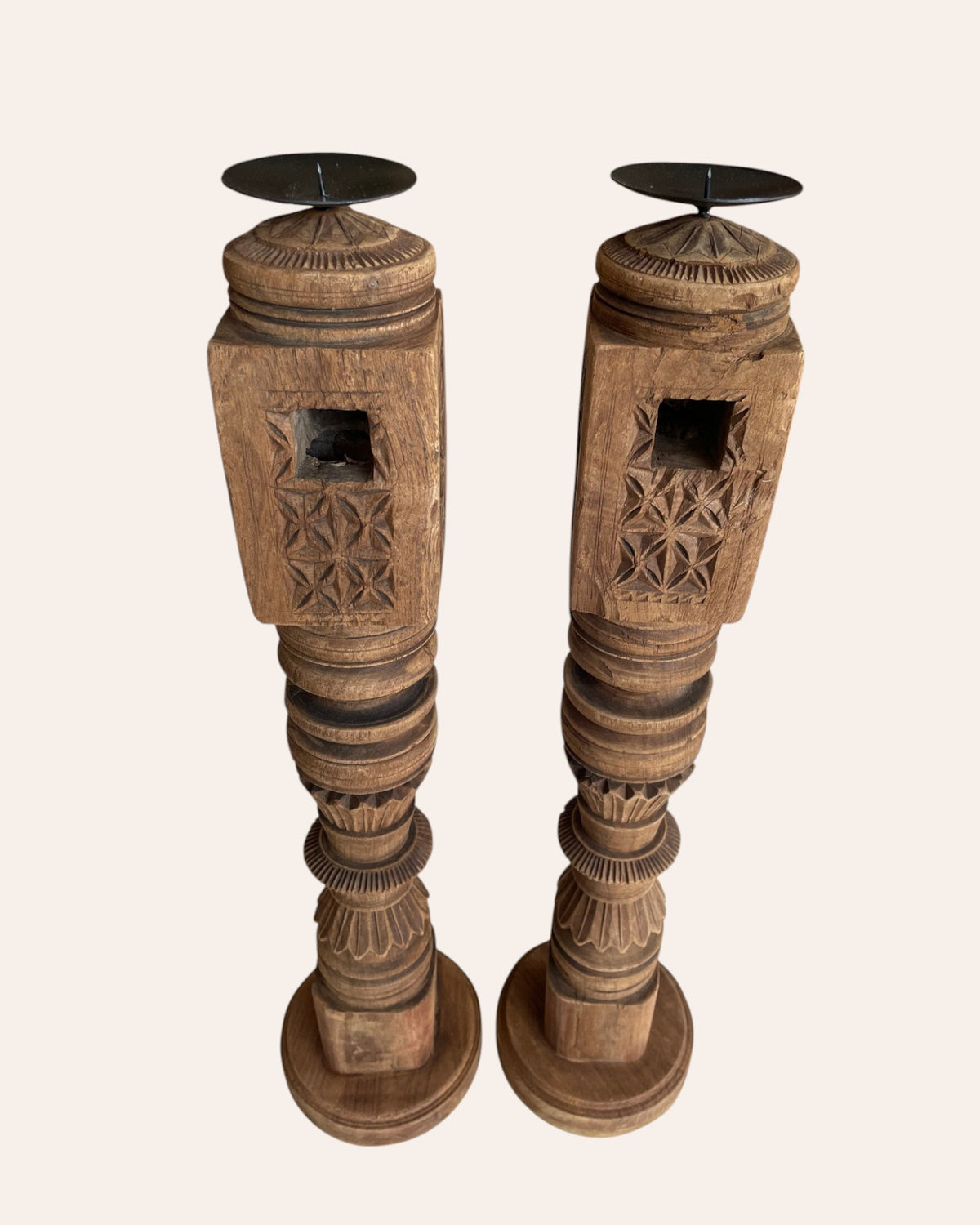 vintage carved charpai leg candle stand / statue holder / planter – set of 2