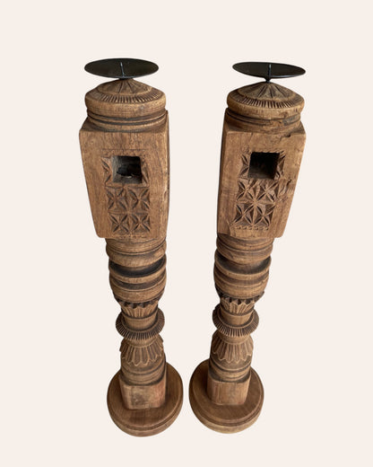 Vintage Carved Charpai Leg Candle Stand / Statue Holder / Planter – Set of 2