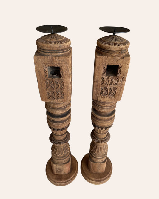 Vintage Carved Charpai Leg Candle Stand / Statue Holder / Planter – Set of 2