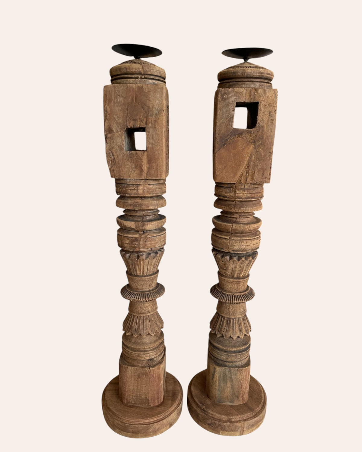 vintage carved charpai leg candle stand / statue holder / planter – set of 2