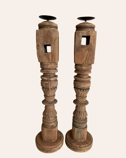 Vintage Carved Charpai Leg Candle Stand / Statue Holder / Planter – Set of 2