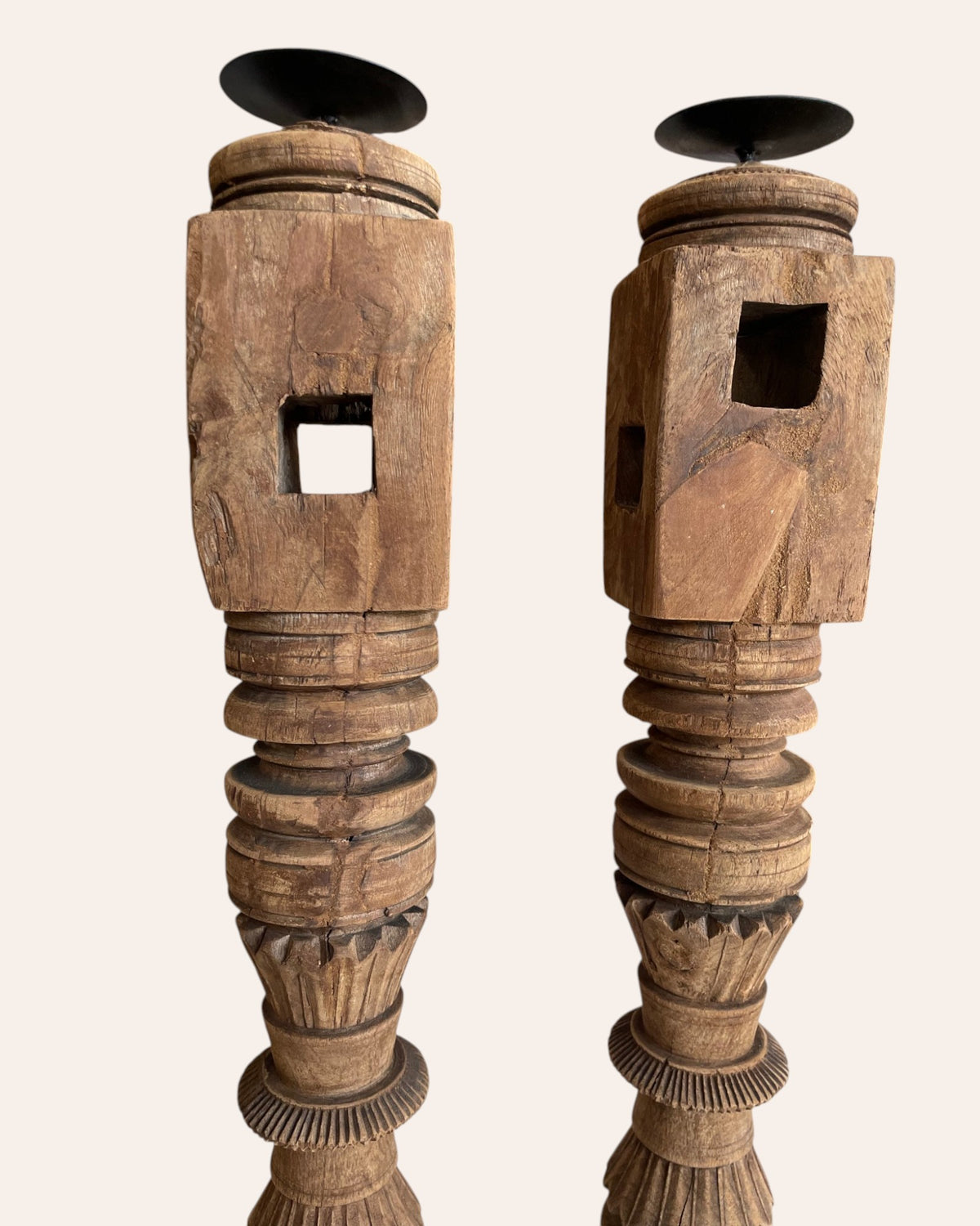 vintage carved charpai leg candle stand / statue holder / planter – set of 2