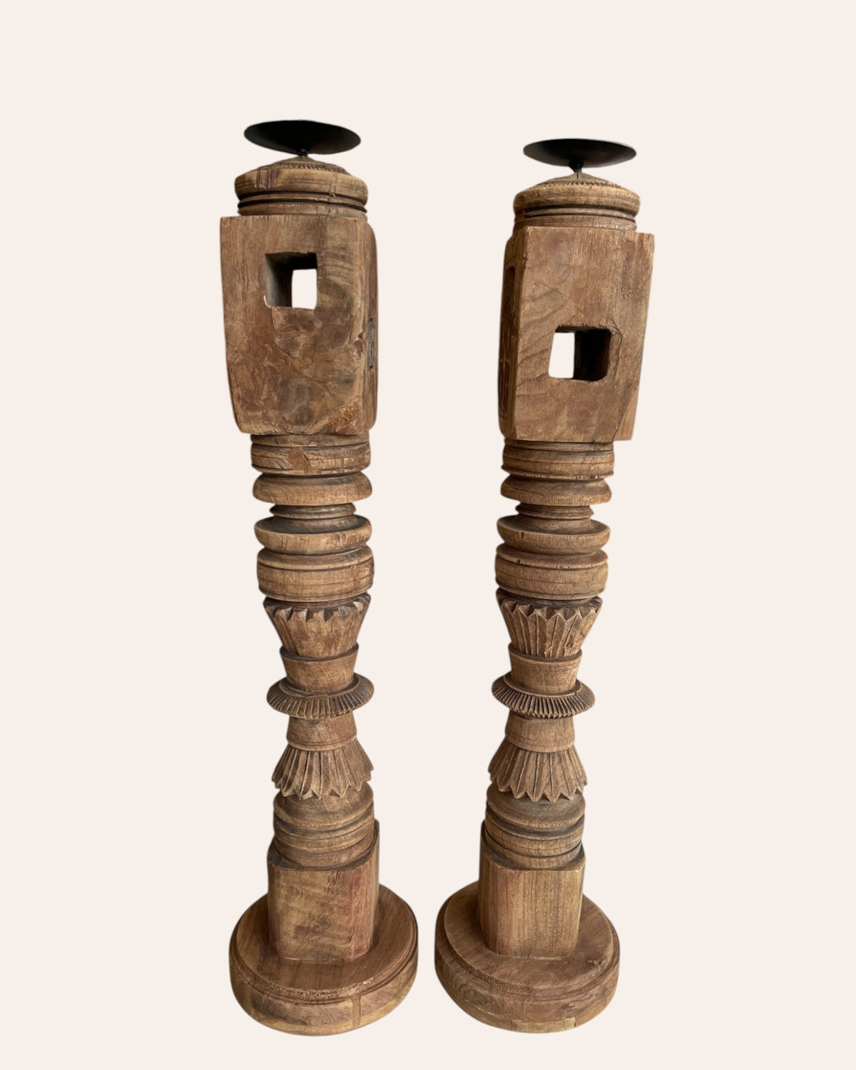 vintage carved charpai leg candle stand / statue holder / planter – set of 2