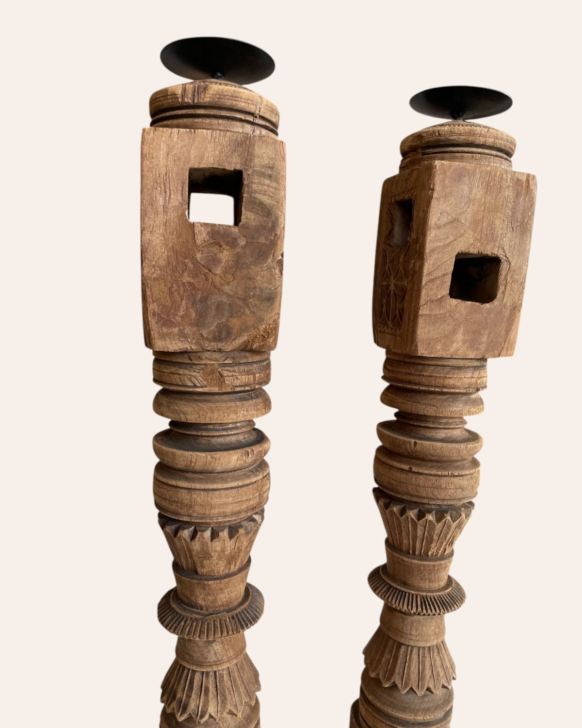 vintage carved charpai leg candle stand / statue holder / planter – set of 2